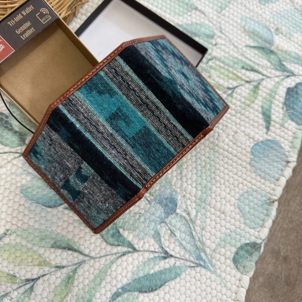 New Tony Lama Tri-Fold Wallet RFID Blue Aztec Canvas Leather Cowboy Western